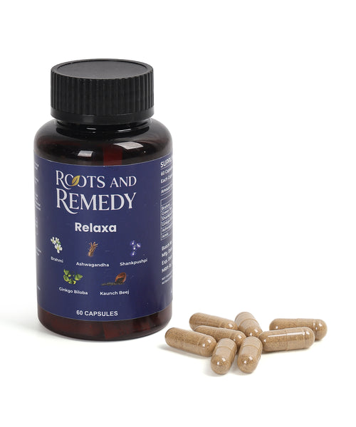 Roots and Remedy Relaxa supplement bottle with capsules on a white background