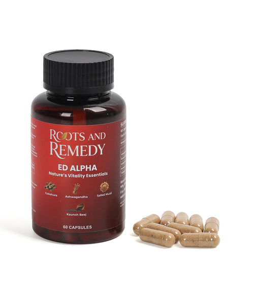 Roots and Remedy ED Alpha supplement bottle with capsules on a white background