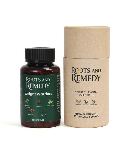 Supplement bottle and packaging of Roots and Remedy on a white background