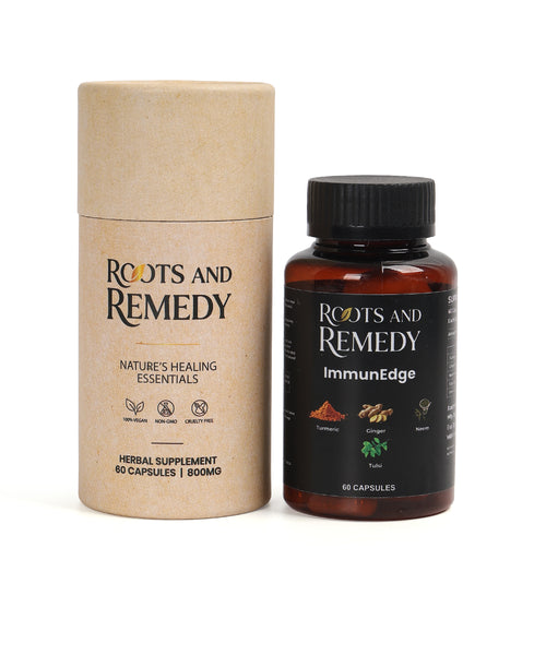 Two supplement bottles from Roots and Remedy on a white background