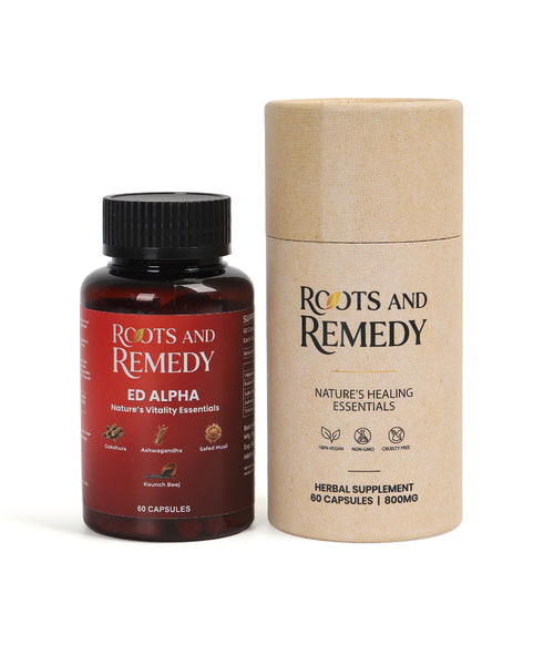 Supplement bottle and packaging of 'Roots and Remedy' on a white background