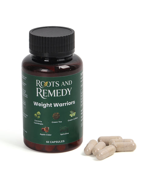 Bottle of 'Weight Warriors' capsules by Roots and Remedy on a white background