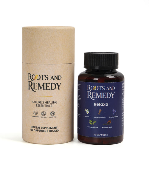 Roots and Remedy supplement bottle and packaging on a white background