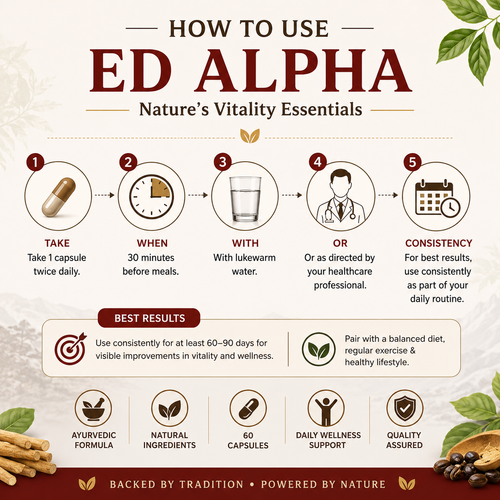 Instructions on how to use ED Alpha with text and icons on a beige background.