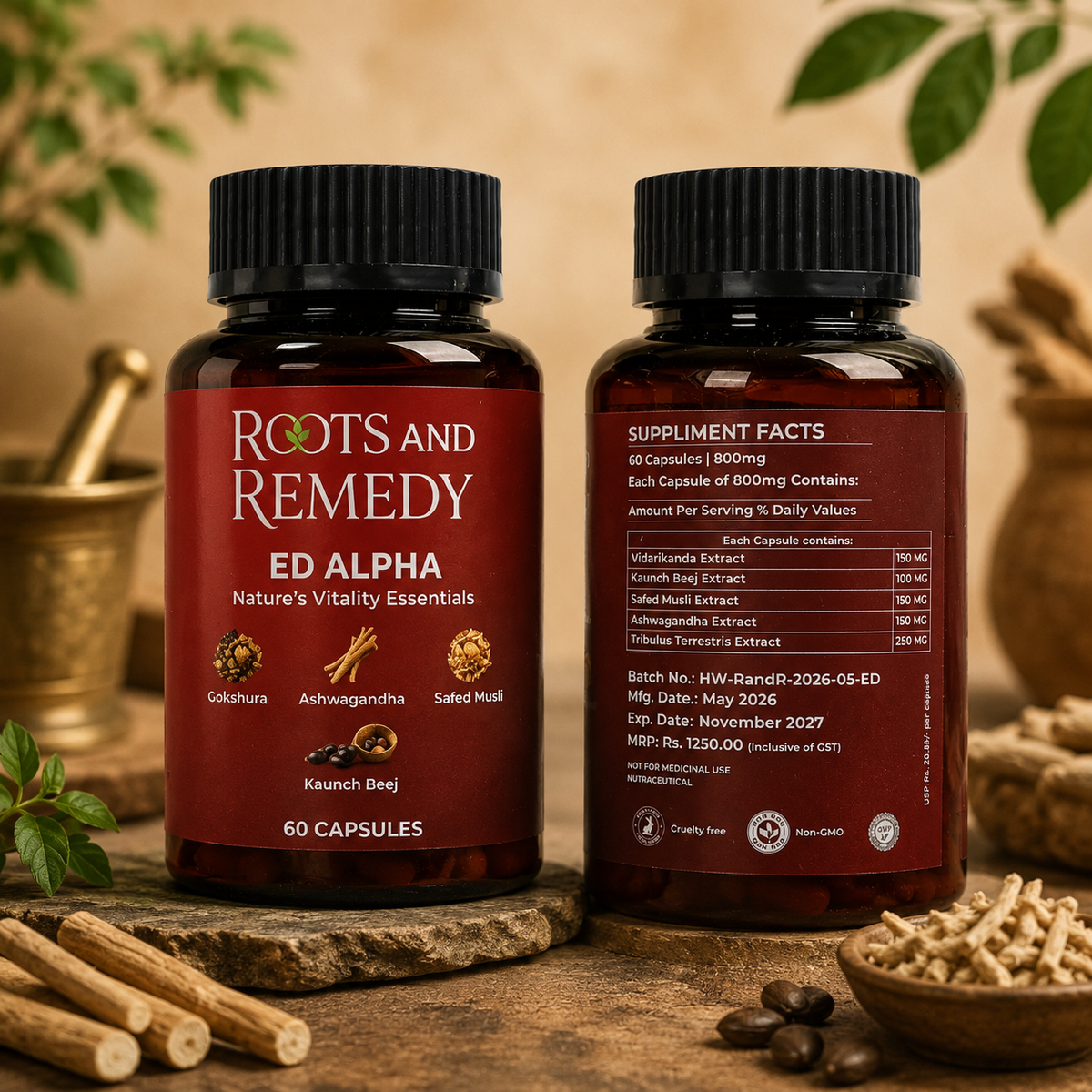 Two bottles of 'Roots and Remedy' ED Alpha supplement on a wooden surface with herbs in the background.