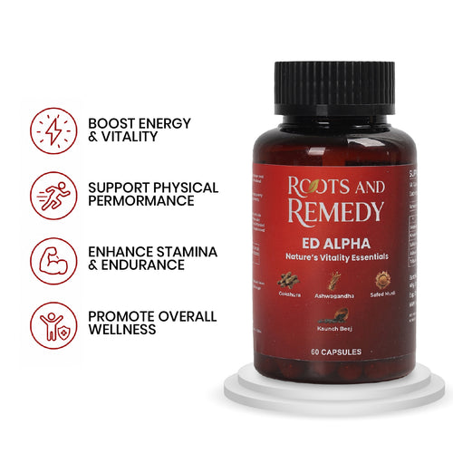 A bottle of Roots and Remedy Ed Alpha dietary supplement on a white background, featuring four red and black icons and text on the left highlighting benefits: boost energy and vitality, support physical performance, enhance stamina and endurance, and promote overall wellness.