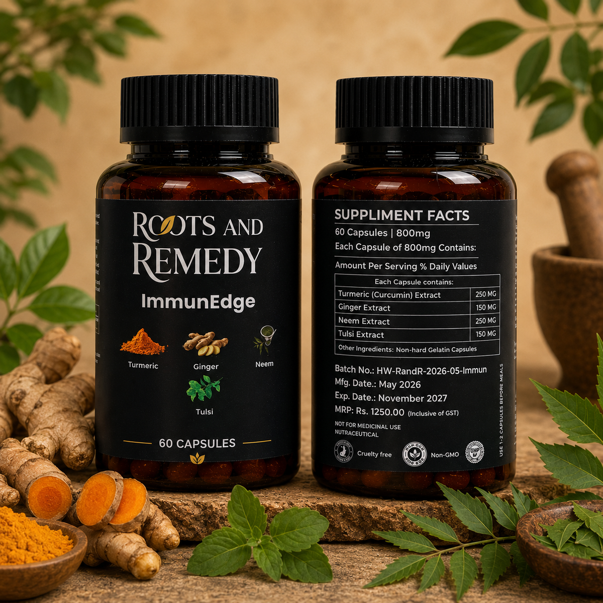 Two bottles of 'Roots and Remedy ImmunEdge' supplement with ingredients on a wooden surface.