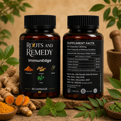 Two bottles of 'Roots and Remedy ImmunEdge' supplement with ingredients on a wooden surface.