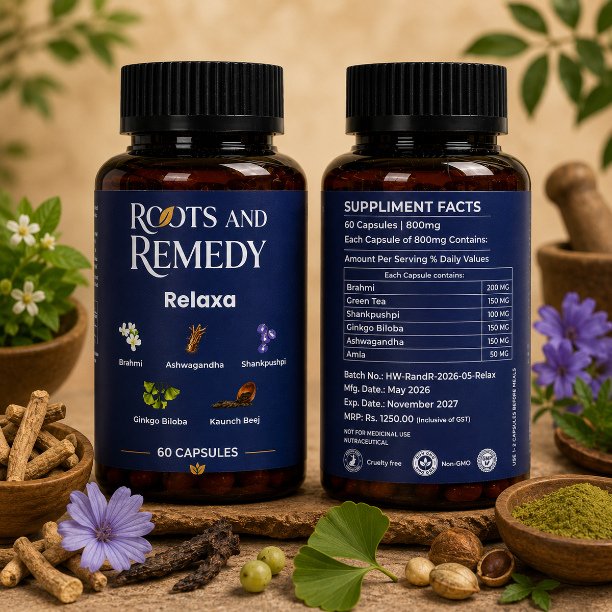 Two bottles of 'Roots and Remedy' Relaxa supplement with natural ingredients on a wooden surface.