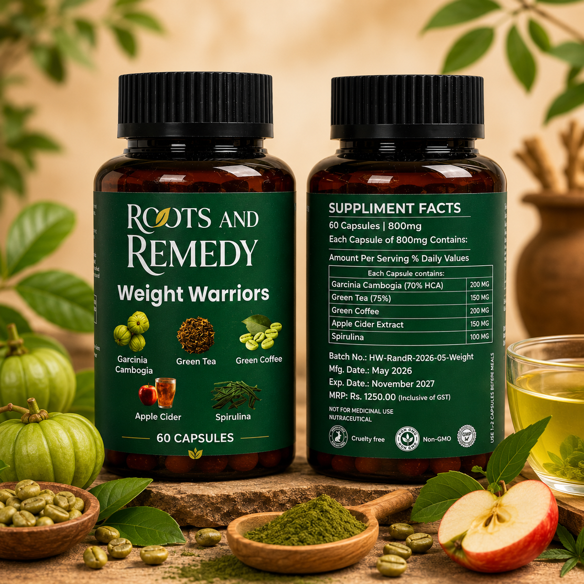 Two bottles of 'Roots and Remedy' weight loss supplement with natural ingredients on a wooden surface.
