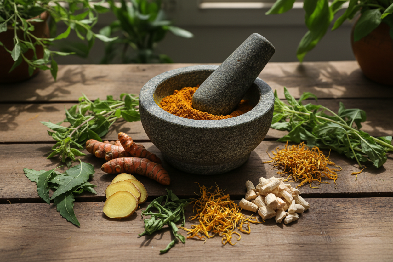 Mortar and pestle with turmeric powder on a wooden surface with fresh turmeric roots and leaves.